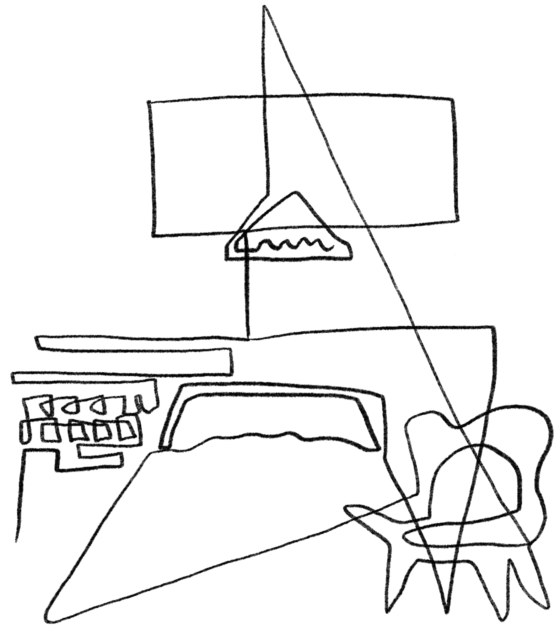 Eine Illustration von Frauke Engler: Eine Strichzeichnung von Dirks Krankenhausbett auf der Intensivstation