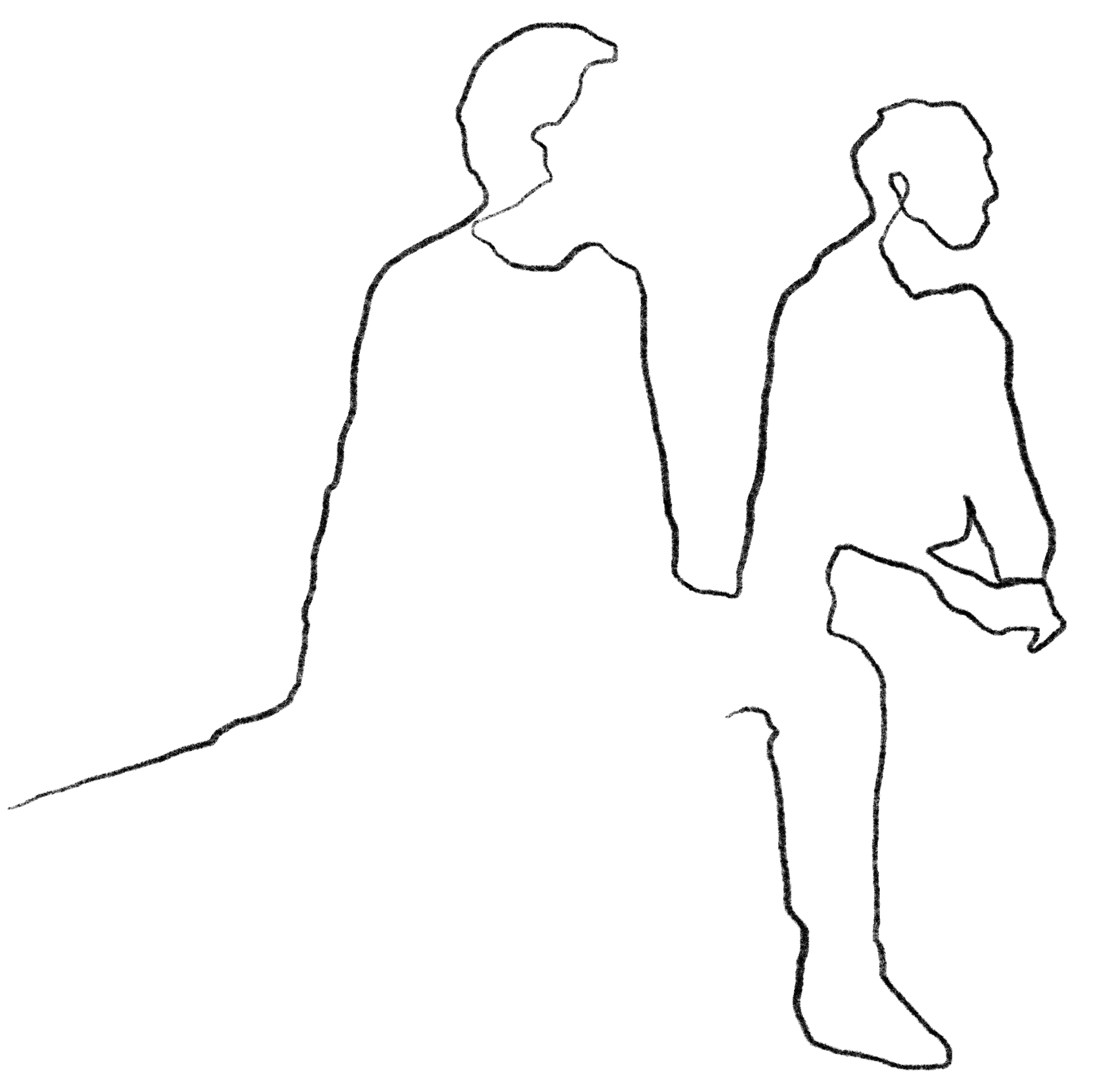 Eine Illustration von Frauke Engler: Eine Strichzeichnung bei der zwei Menschen auf einer Mauer nebeneinander sitzen